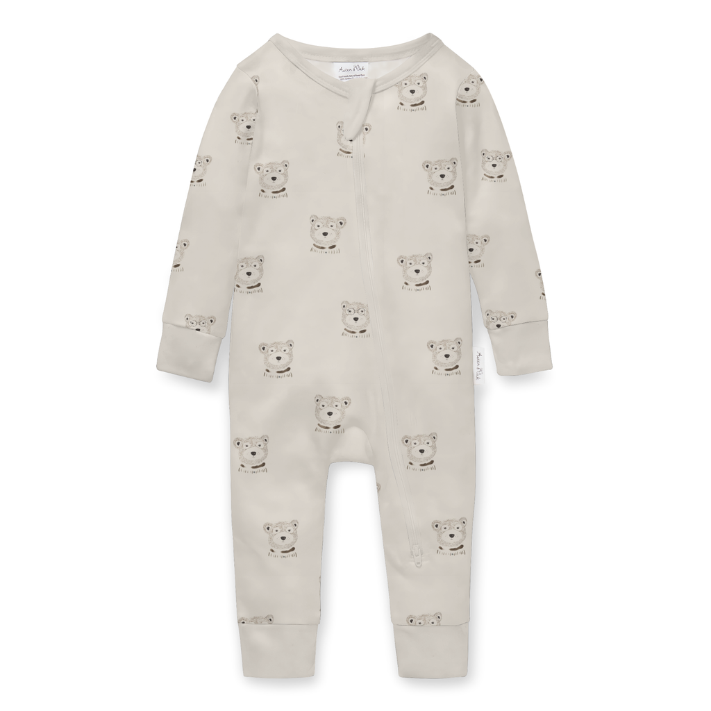 Baby onesie with bear pattern on a white background