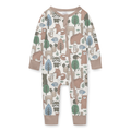 Flat-lay view baby's cotton onesie Noah Woodland print, with an earthy forest pattern of bears, deer, raccoons, and trees, finished with solid brown sleeve cuffs, ankle cuffs, and neckline binding.