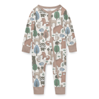 Flat-lay view baby's cotton onesie Noah Woodland print, with an earthy forest pattern of bears, deer, raccoons, and trees, finished with solid brown sleeve cuffs, ankle cuffs, and neckline binding.