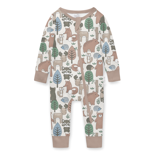 Flat-lay view baby's cotton onesie Noah Woodland print, with an earthy forest pattern of bears, deer, raccoons, and trees, finished with solid brown sleeve cuffs, ankle cuffs, and neckline binding.
