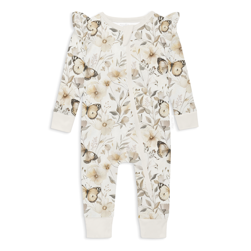 Baby onesie with butterfly and floral pattern on a white background