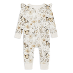 Baby onesie with butterfly and floral pattern on a white background