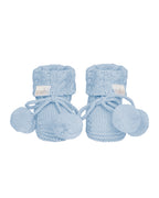 Pair of bluebell, a blue baby booties with pom-poms on a white background.