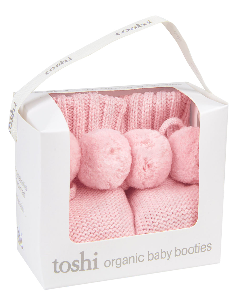 Box of Misty Rose, a pink organic baby booties on a packaging with a white background.