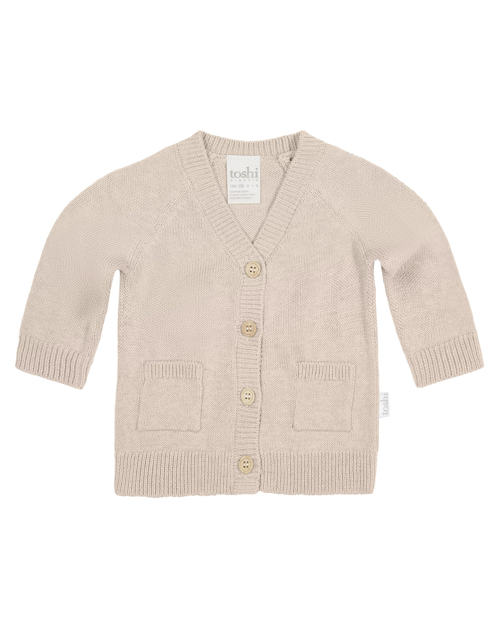 Toshi Organic Cotton Remy Grandpa Cardigan Oatmeal, a beige baby cardigan with button details on a white background.