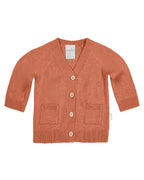 Toshi Organic Cotton Remy Cardigan Tumbleweed, an orange knitted cardigan with button details on a white background