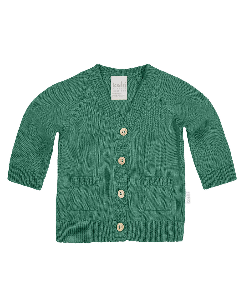 Toshi Organic Cotton Remy Cardigan Teal, Green cardigan with button details on a white background