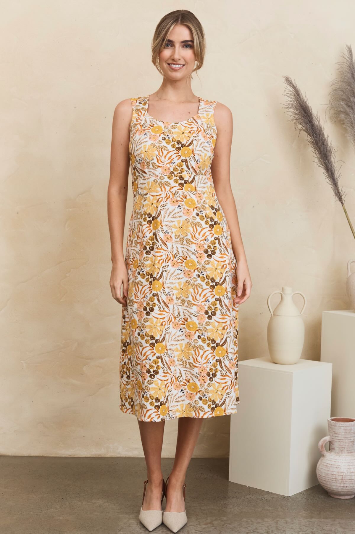 MahaShe Bianca Midi Dress in Amber | Organic Cotton Floral Midi