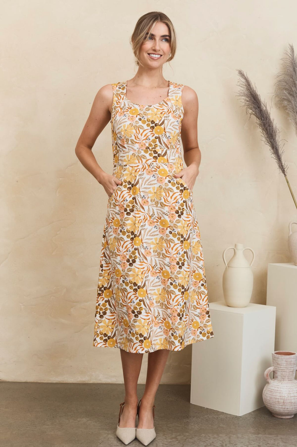 MahaShe Bianca Midi Dress in Amber | Organic Cotton Floral Midi