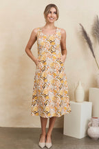 MahaShe Bianca Midi Dress in Amber | Organic Cotton Floral Midi