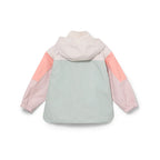 Color-blocked kids' waterproof jacket featuring an off-white upper body and hood, a sage green central torso, and terracotta pink sleeves.