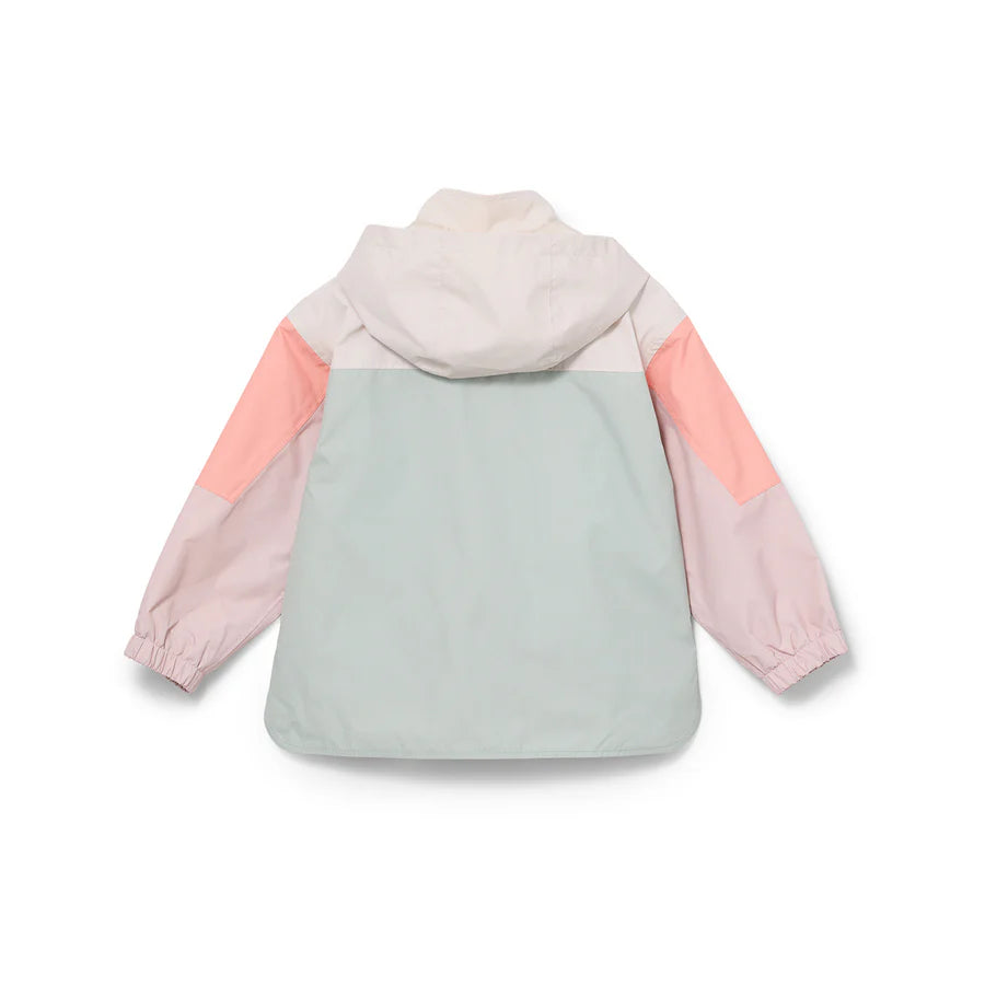 Color-blocked kids' waterproof jacket featuring an off-white upper body and hood, a sage green central torso, and terracotta pink sleeves.