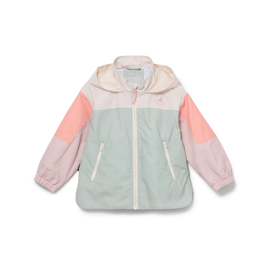 Color-blocked kids' waterproof jacket featuring an off-white upper body and hood, a sage green central torso, and terracotta pink sleeves with a cream zipper.