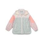 Color-blocked kids' waterproof jacket featuring an off-white upper body and hood, a sage green central torso, and terracotta pink sleeves with a cream zipper.