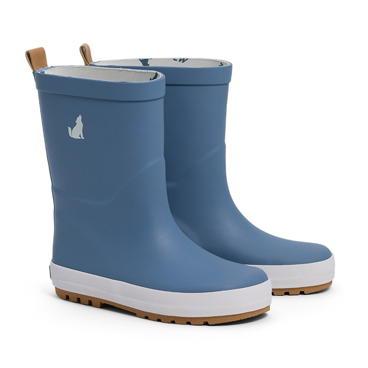 Pair of Rain Boots Highland Blue, a blue rain boots with white soles on a white background.