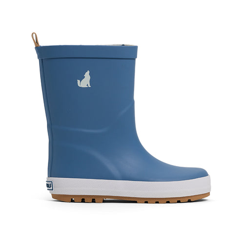 Blue rain boot with white sole on a white background