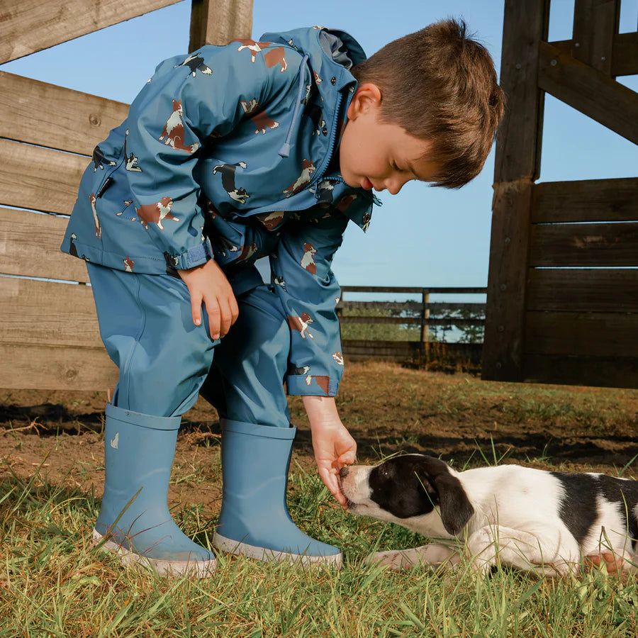 Child in blue raincoat and Crywolf Rain Boots Highland Blue interacting with a puppy on a farm.