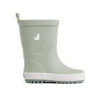 A sage green rubber rain boot with a white sole and a white dog silhouette logo on the side, shown against a plain white background.