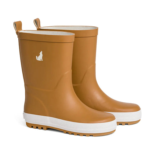 Pair of brown rain boots with white soles on a white background