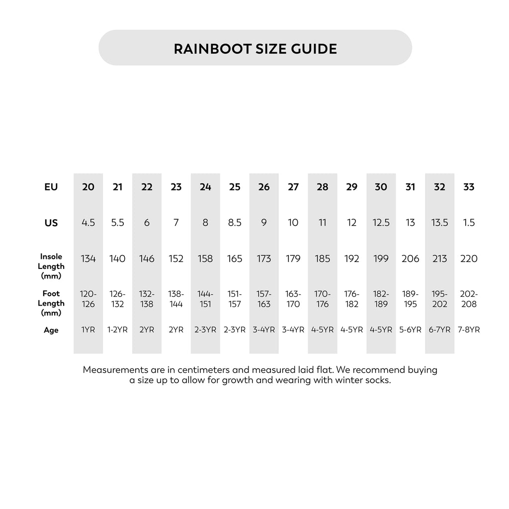 Rainboot size guide with measurements in EU, US, and child age.