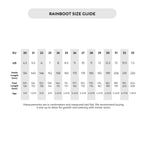 Rainboot size guide with measurements in EU, US, and child age.