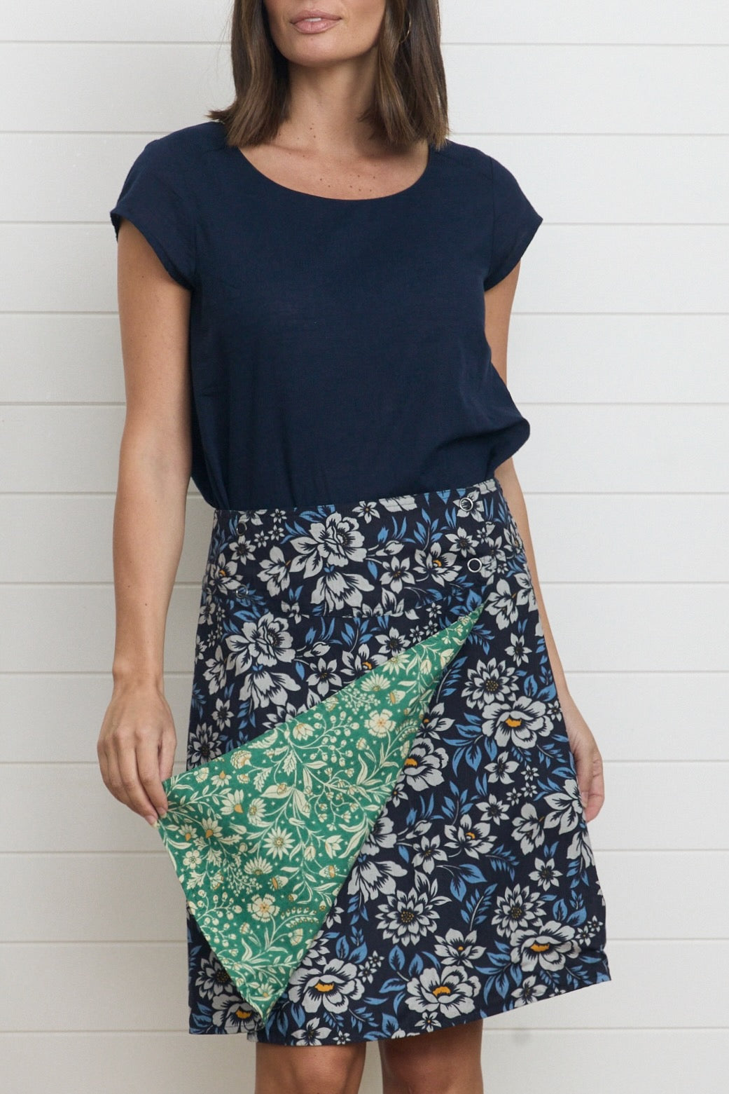 MahaShe Chameleon Reversible Skirt in Ivy & Camellia | 100% Cotton Wrap Skirt