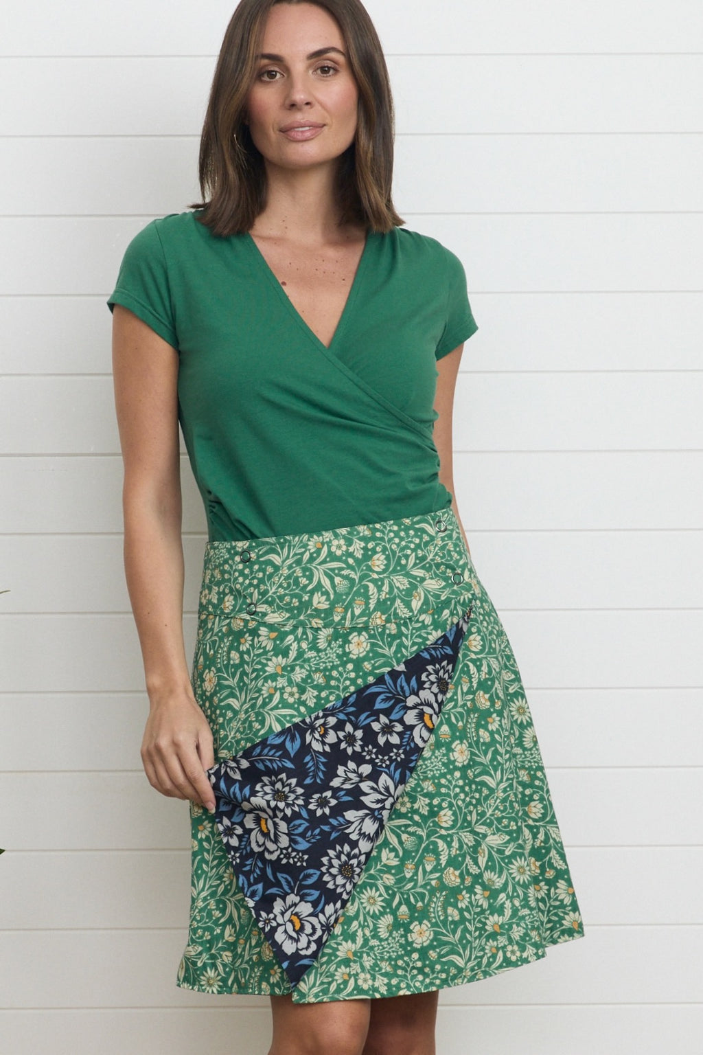 MahaShe Chameleon Reversible Skirt in Ivy & Camellia | 100% Cotton Wrap Skirt