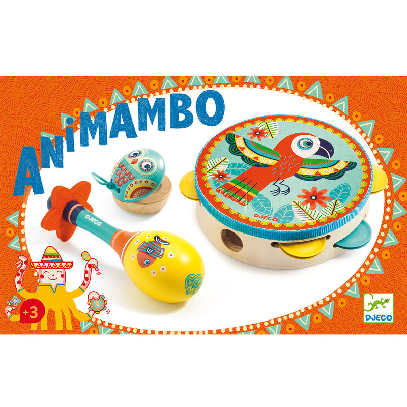 Colorful children's musical instruments set on a vibrant orange background with 'Animambo' branding.