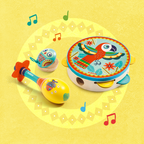 Set of colorful children's musical instruments on a yellow background