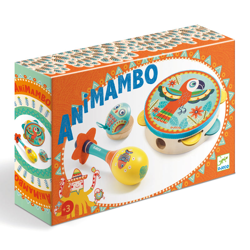 Box of Animambo toys with colorful illustrations on a white background