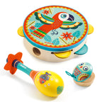 Colorful children's musical instruments with parrot design on a white background