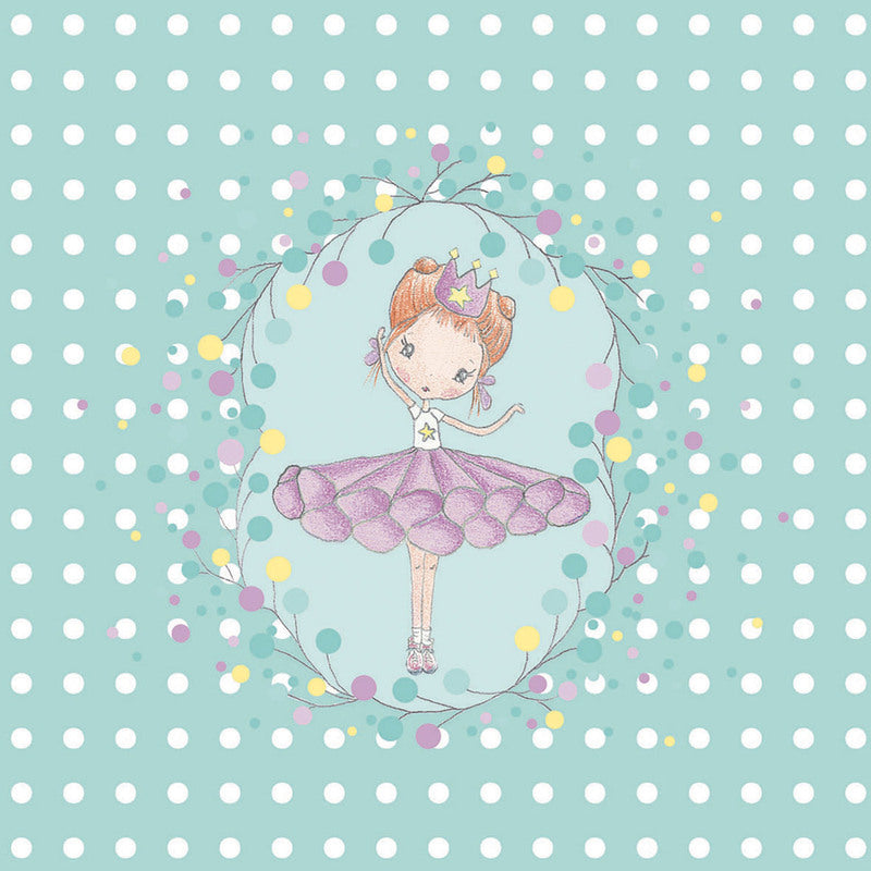 Illustration of a girl in a purple dress with a crown on a polka dot background