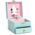Djeco Delicate Ballerina Music Box, Mint green and white polka dot musical jewelry box featuring a spinning ballerina figurine, a star-shaped mirror, a soft pink interior lining, and a pull-out bottom drawer with floral accents.