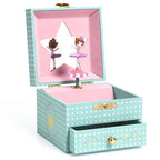 Djeco Delicate Ballerina Music Box, Mint green and white polka dot musical jewelry box featuring a spinning ballerina figurine, a star-shaped mirror, a soft pink interior lining, and a pull-out bottom drawer with floral accents.