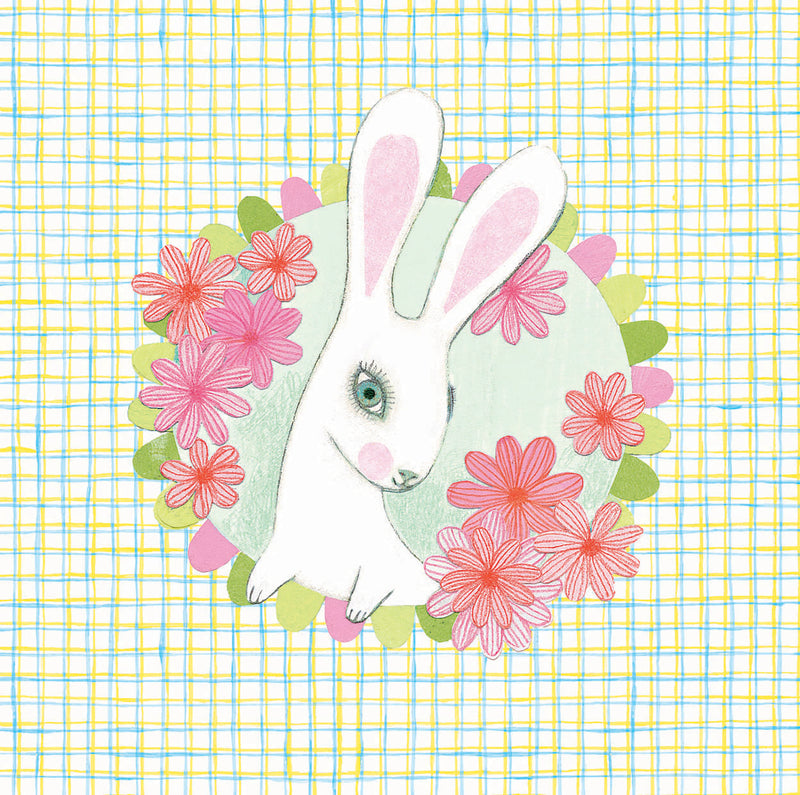 Cartoon bunny surrounded by pink flowers on a checkered background