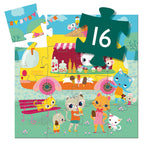Children's puzzle with cartoon animals around a yellow van, missing pieces revealing a number 16.