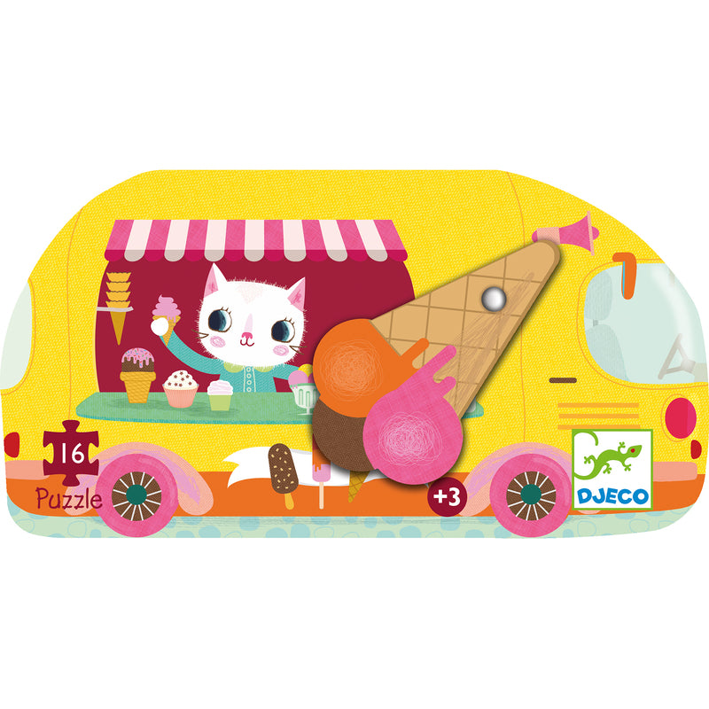Ice cream truck-shaped puzzle box with a cat character and ice cream elements on a white background