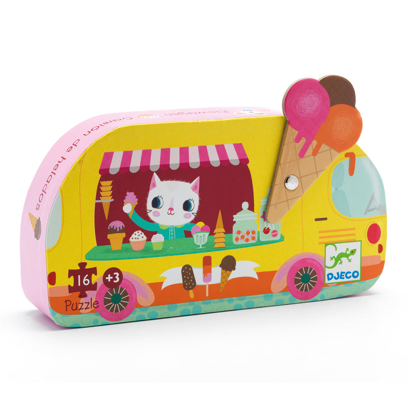 Ice cream truck-shaped puzzle box with a cat character and ice cream elements on a white background