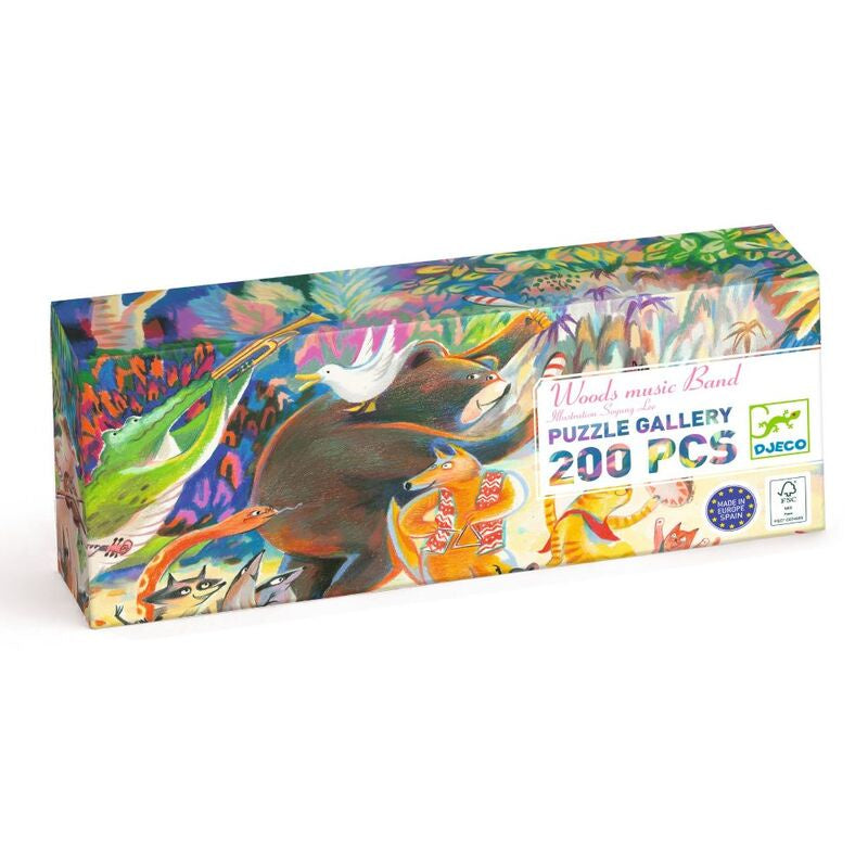 Djeco Woods Music Band 200 piece panoramic jigsaw puzzle showing woodland animals playing instruments.