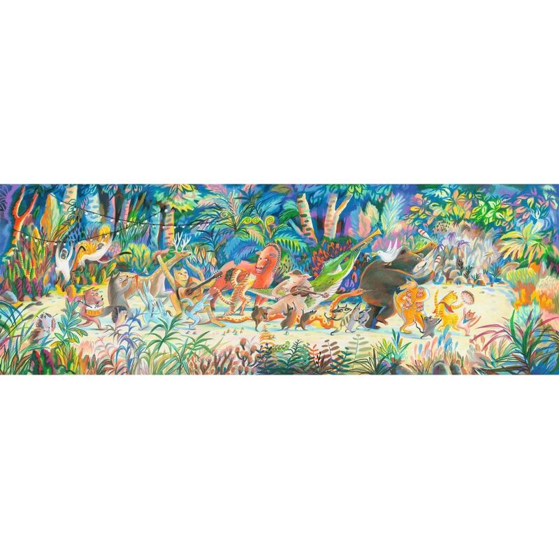 Djeco Woods Music Band 200 piece panoramic jigsaw puzzle showing woodland animals playing instruments.