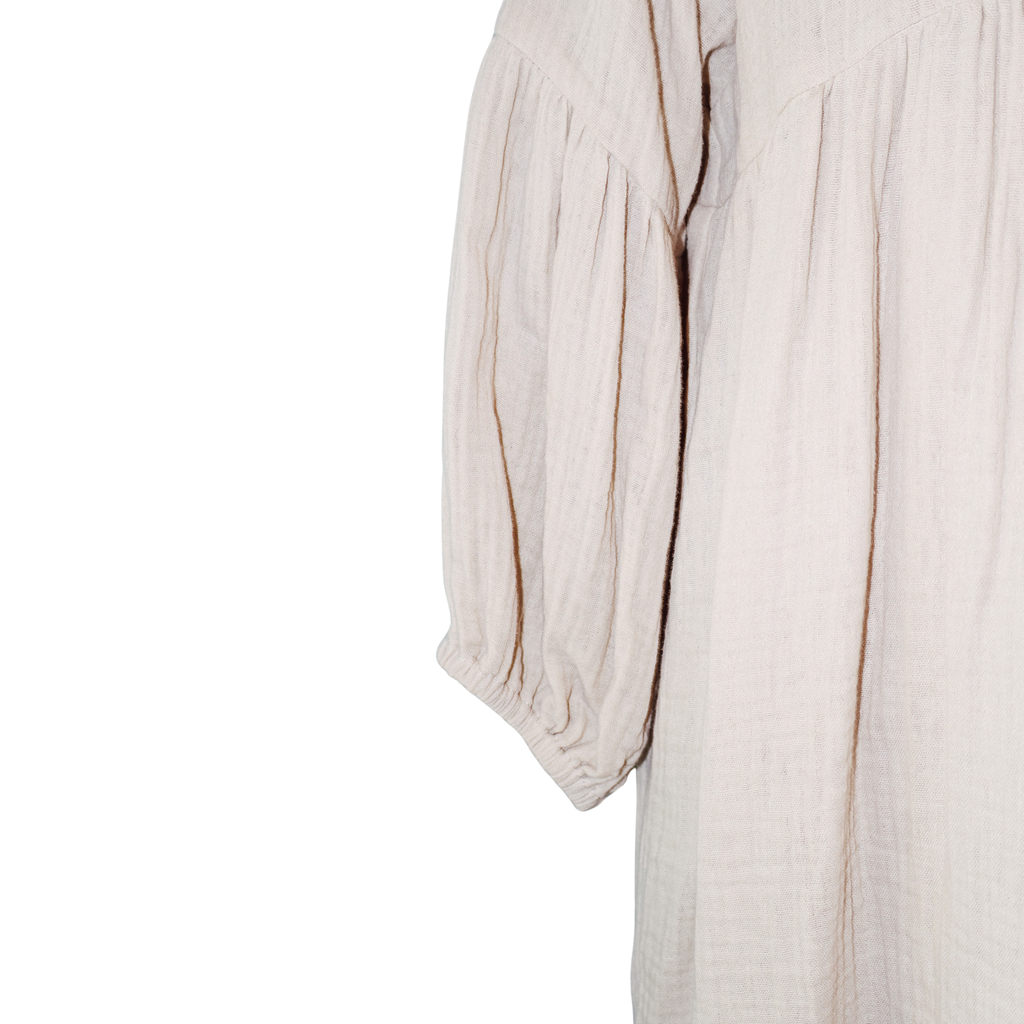MilaMeli Evie Dress Sandy Muslin Cotton w Gold Embroidered Feather Pocket