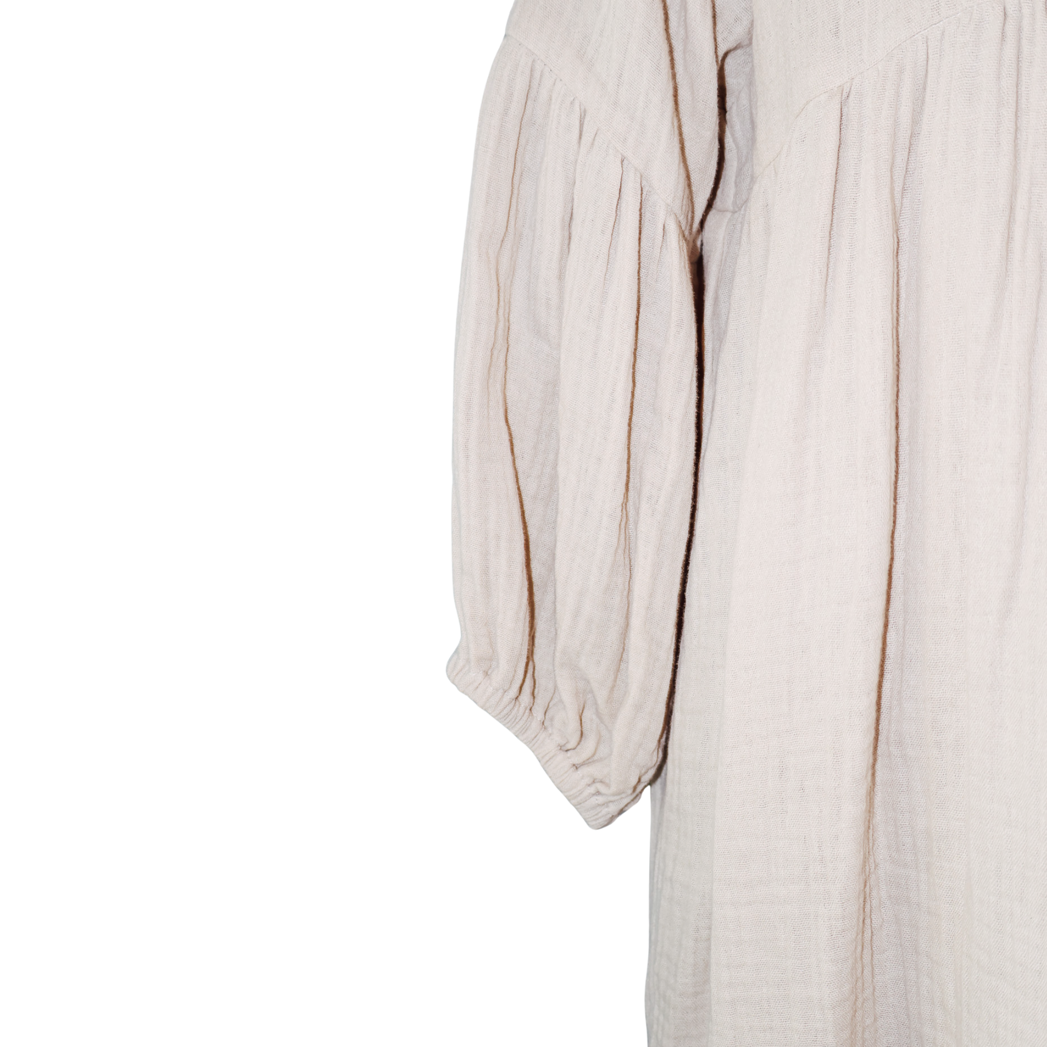MilaMeli Evie Dress Sandy Muslin Cotton w Gold Embroidered Feather Pocket