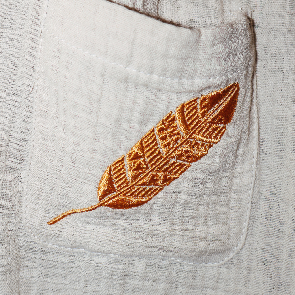 MilaMeli Evie Dress Sandy Muslin Cotton w Gold Embroidered Feather Pocket