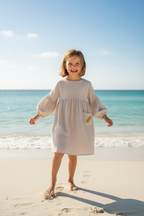 MilaMeli Evie Dress Sandy Muslin Cotton w Gold Embroidered Feather Pocket