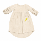 MilaMeli Evie Dress Sandy Muslin Cotton w Gold Embroidered Feather Pocket