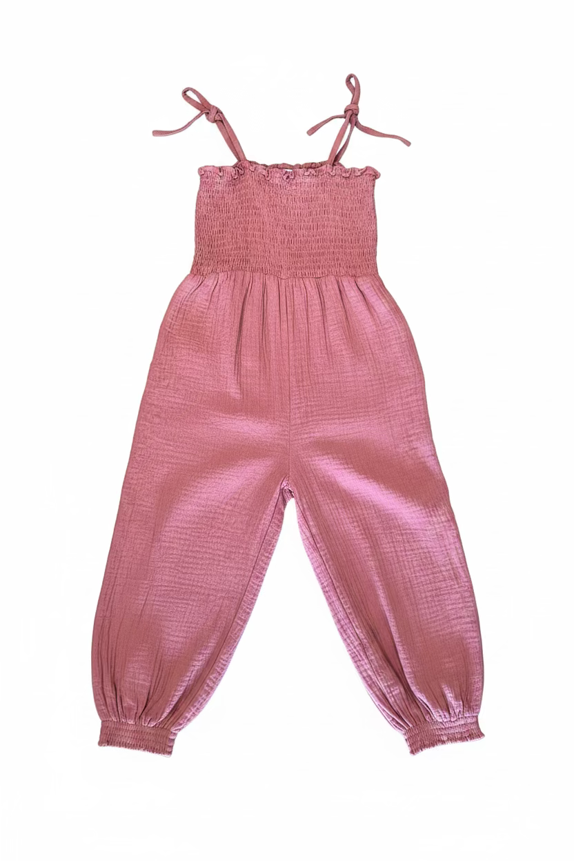 Pink smocked jumpsuit on a white background