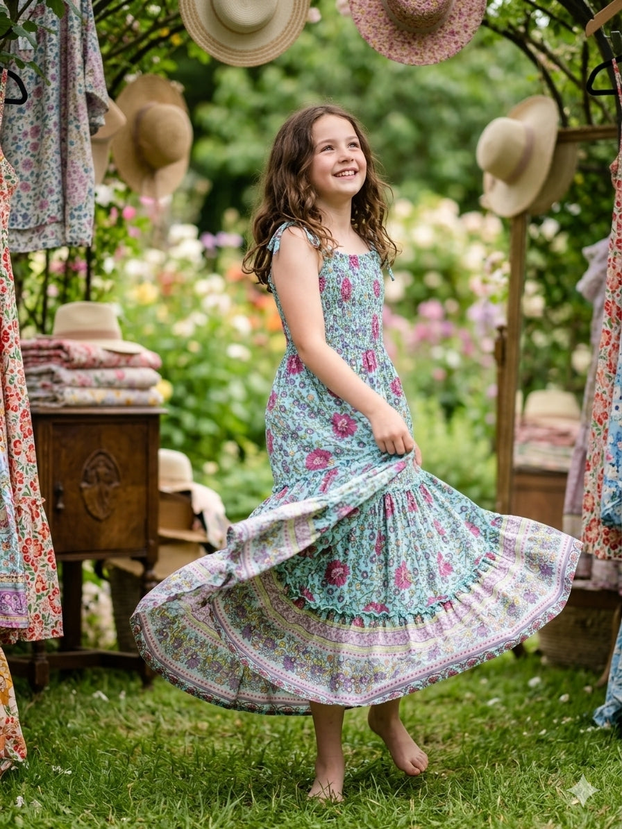 MilaMeli Aria Spring Dress Aqua Widflower Print