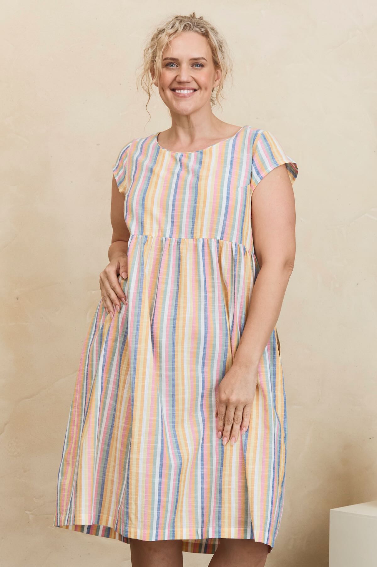 Mahashe Lina Dress Summer Stripe | 100% Cotton Floral Shift Dress with Pockets