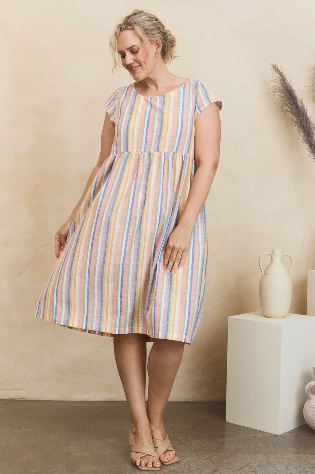 Mahashe Lina Dress Summer Stripe | 100% Cotton Floral Shift Dress with Pockets