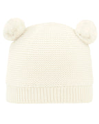 Toshi Organic Beanie Snowy/Cream, cream white knit beanie with pom-poms on a white background.